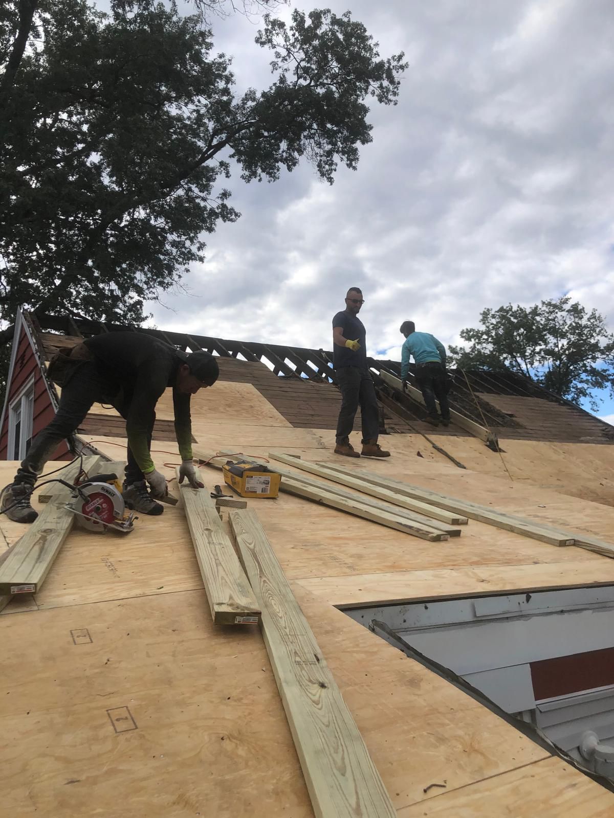 Roof tear-off in progress with crew installing fresh plywood decking