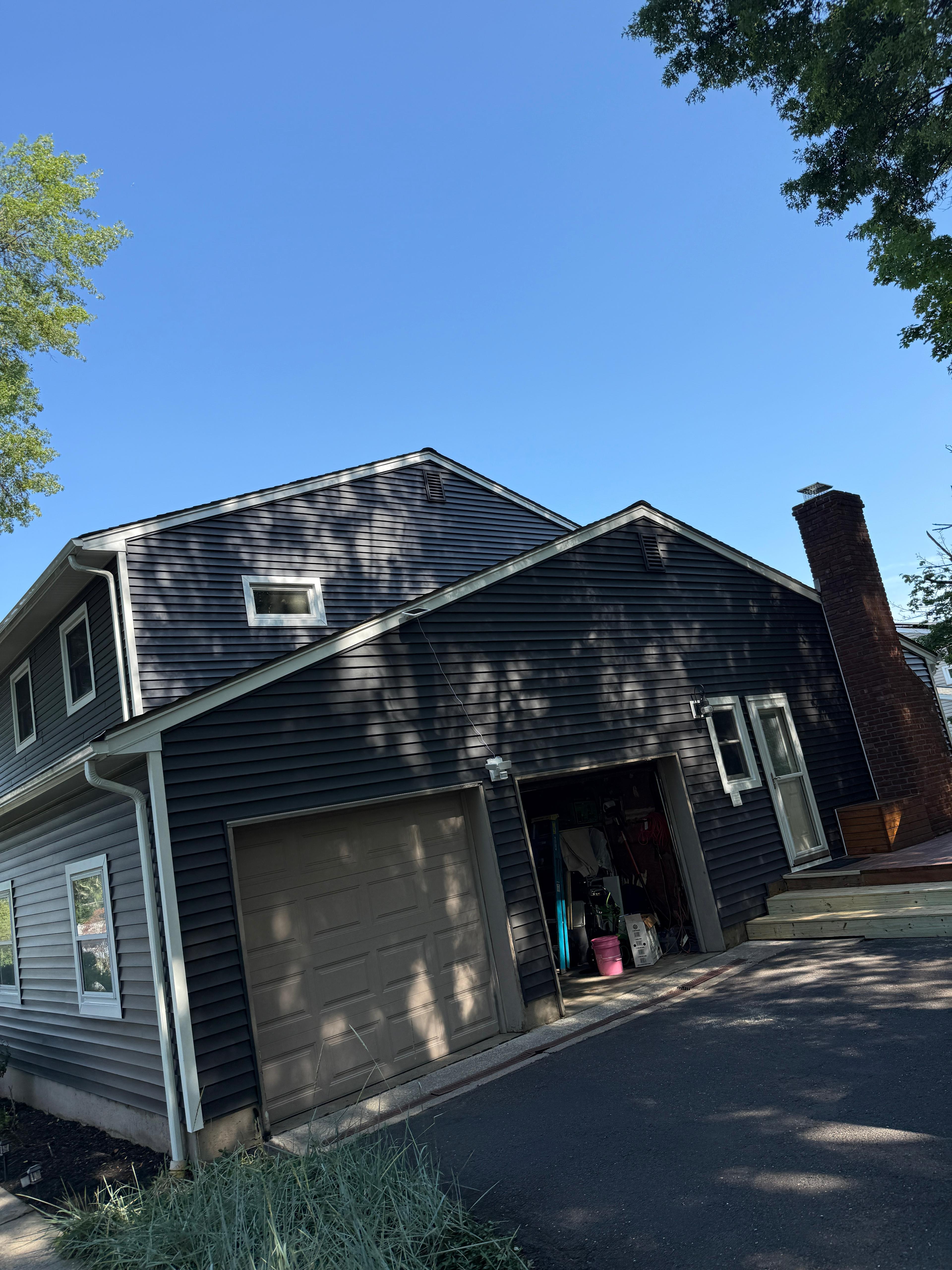 Completed garage and side elevation viewed from the driveway